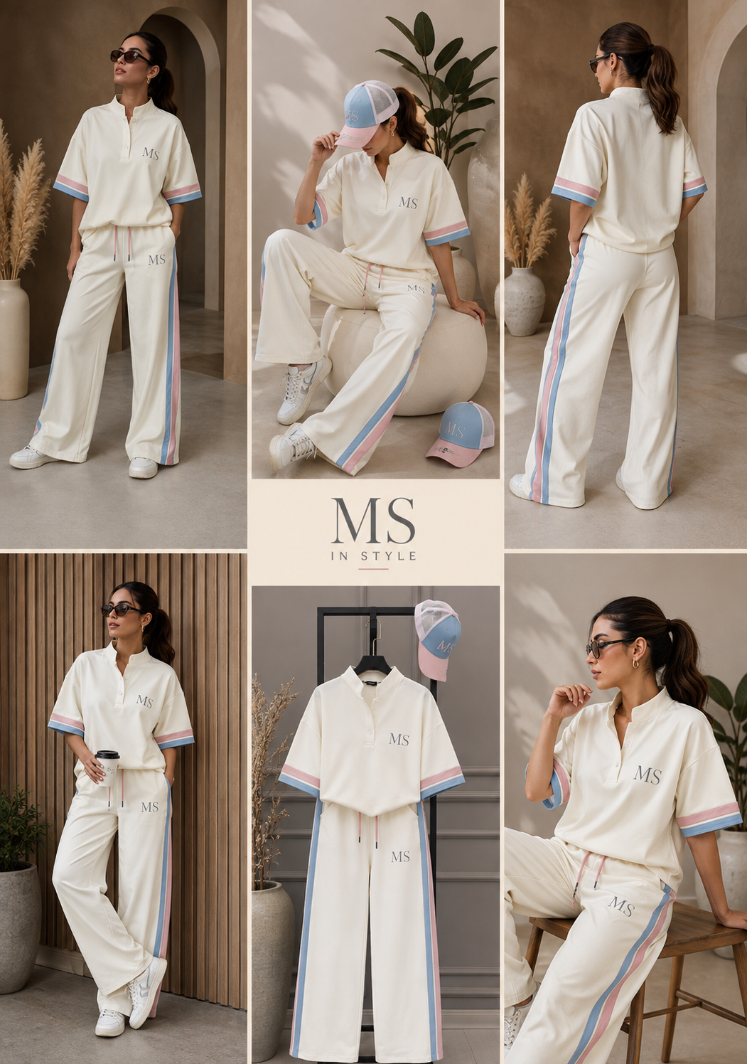 MS IN.STYLE Women’s White Pastel Stripe Co-Ord Set – Relaxed Fit Polo Top & Wide-Leg Trousers