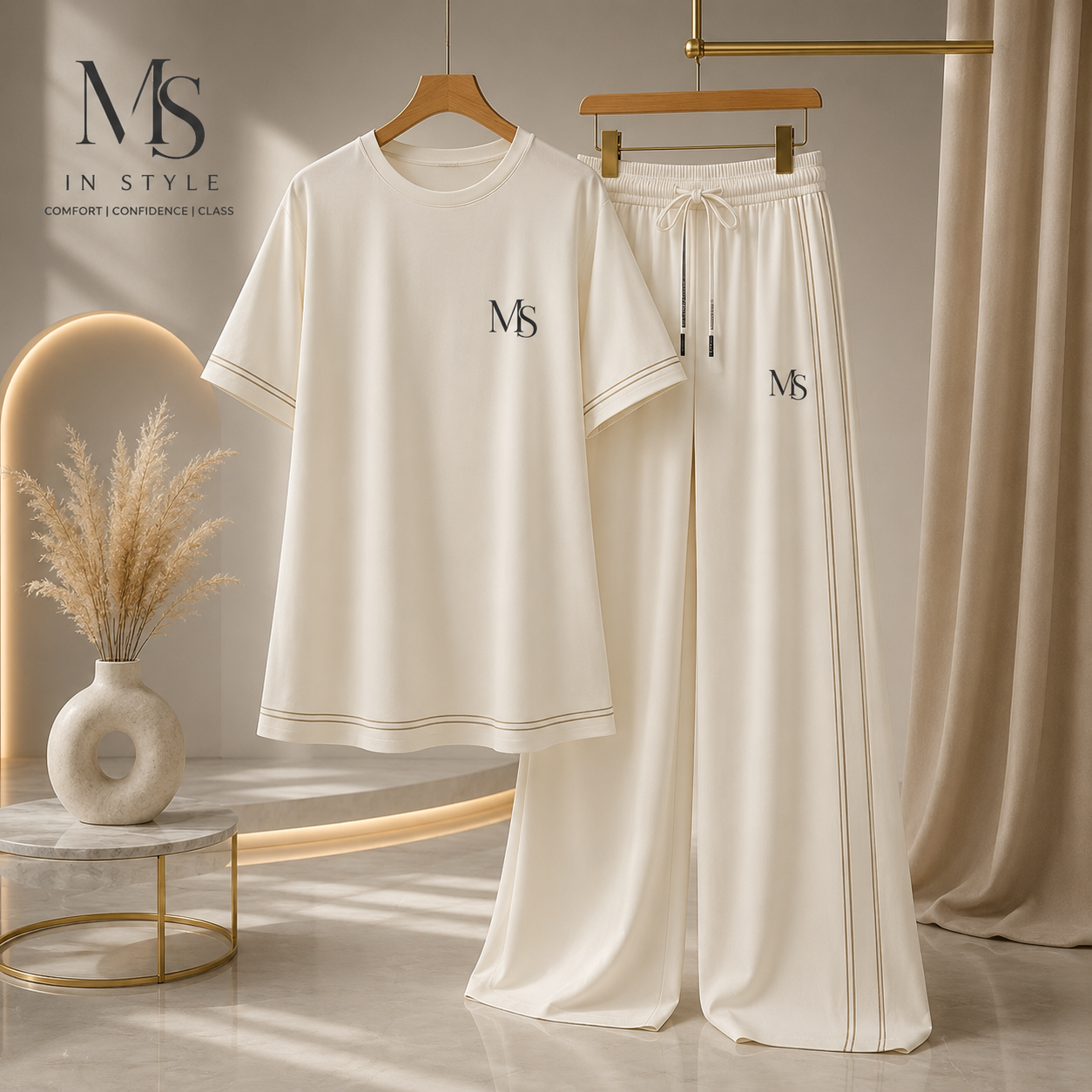 MS IN.STYLE Women’s Ivory Co-Ord Set – Relaxed T-Shirt & Wide-Leg Trousers