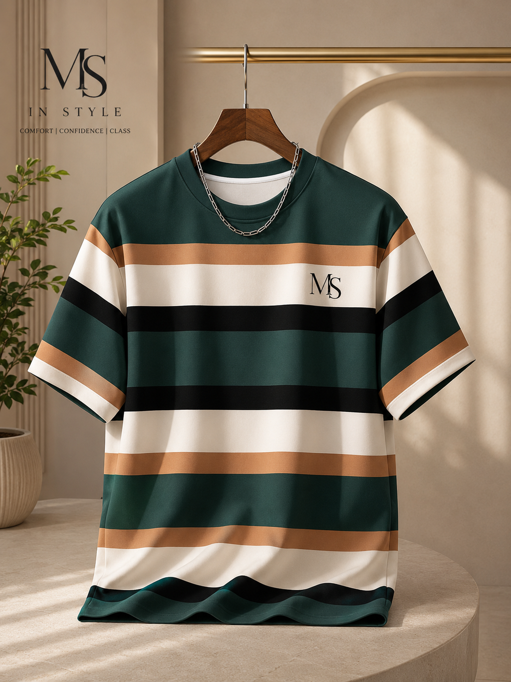 MS IN.STYLE Women’s Green Striped Oversized T-Shirt – Relaxed Fit Statement Tee