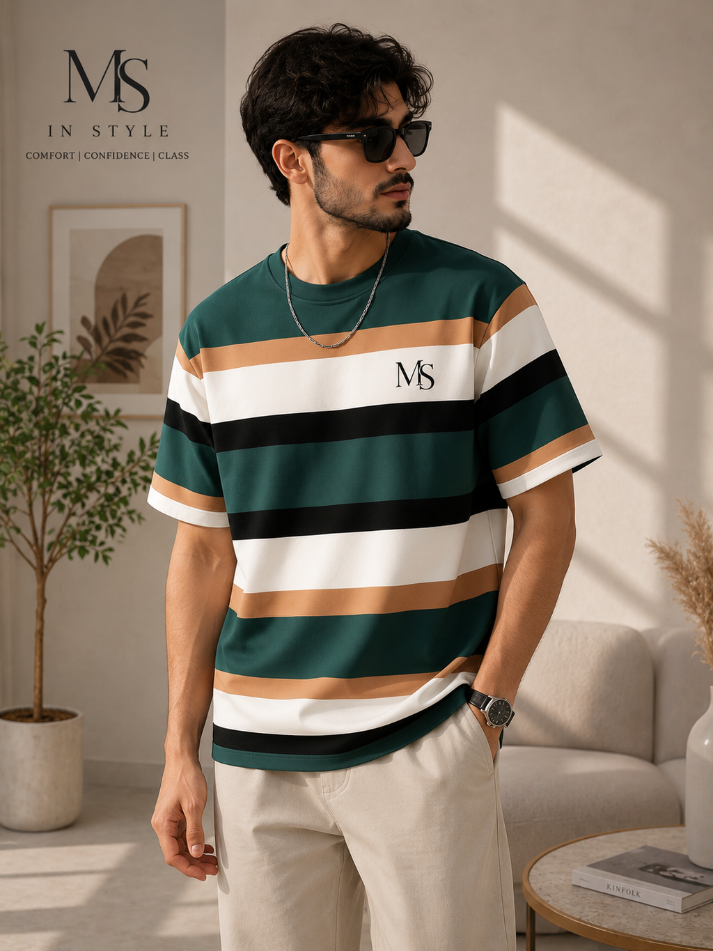 MS IN.STYLE Women’s Green Striped Oversized T-Shirt – Relaxed Fit Statement Tee