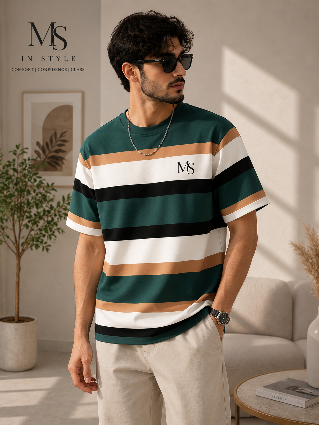 MS IN.STYLE Women’s Green Striped Oversized T-Shirt – Relaxed Fit Statement Tee