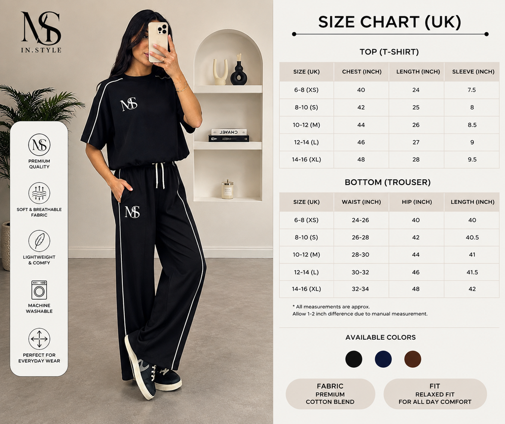 MS IN.STYLE Women’s Black Co-Ord Set – Relaxed Fit T-Shirt & Wide-Leg Trousers
