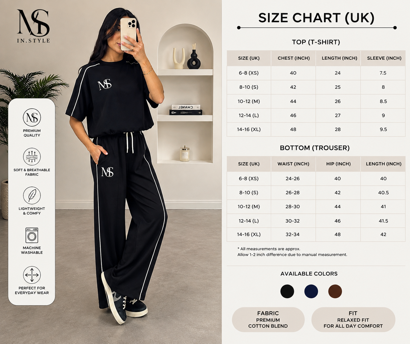 MS IN.STYLE Women’s Black Co-Ord Set – Relaxed Fit T-Shirt & Wide-Leg Trousers