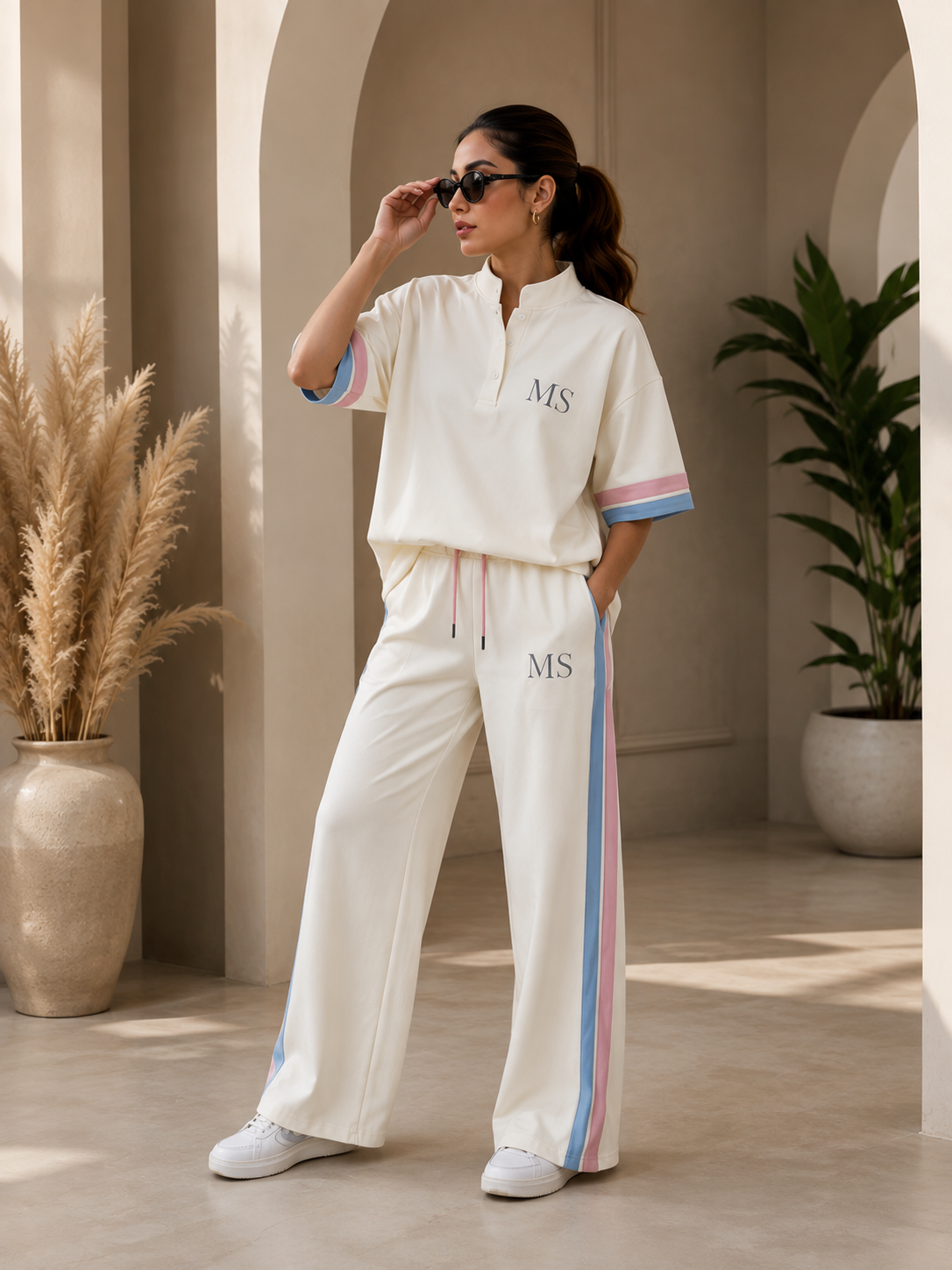 MS IN.STYLE Women’s White Pastel Stripe Co-Ord Set – Relaxed Fit Polo Top & Wide-Leg Trousers