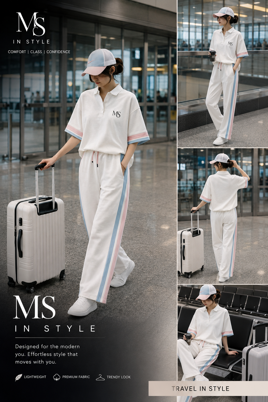MS IN.STYLE Women’s White Pastel Stripe Co-Ord Set – Relaxed Fit Polo Top & Wide-Leg Trousers