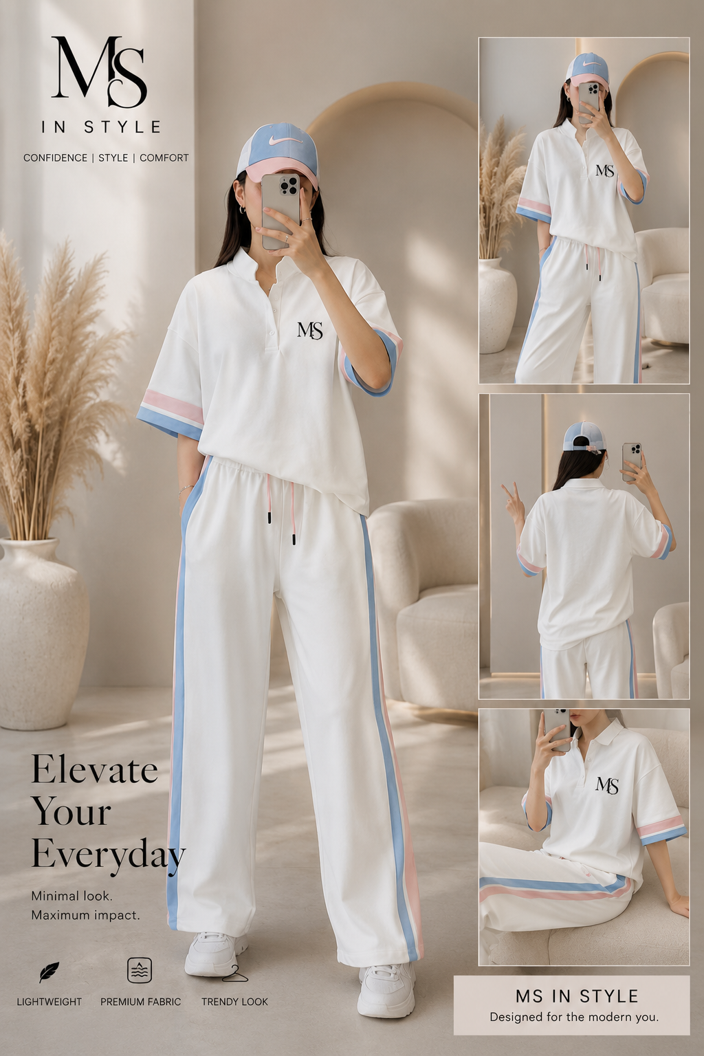MS IN.STYLE Women’s White Pastel Stripe Co-Ord Set – Relaxed Fit Polo Top & Wide-Leg Trousers