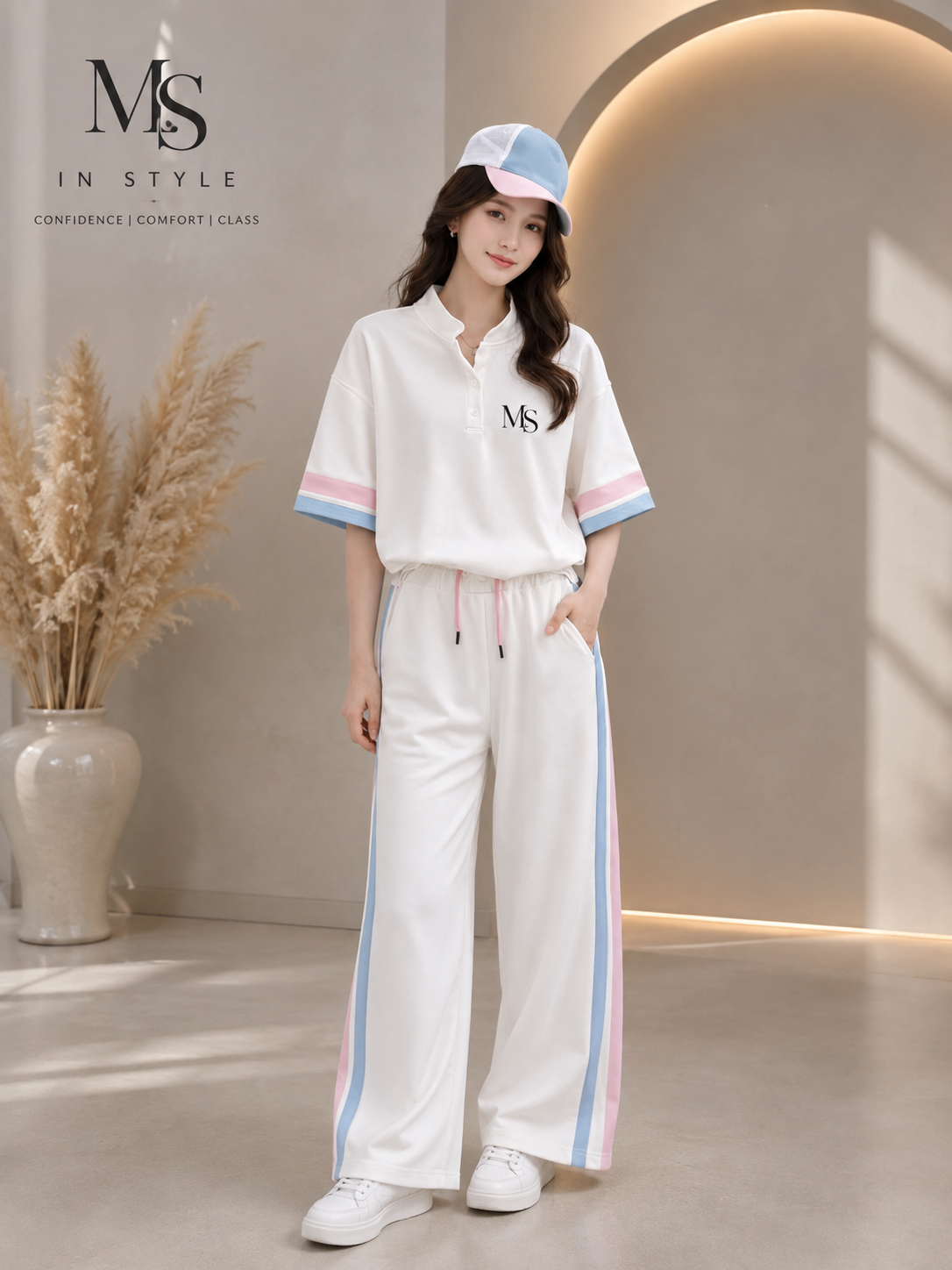 MS IN.STYLE Women’s White Pastel Stripe Co-Ord Set – Relaxed Fit Polo Top & Wide-Leg Trousers