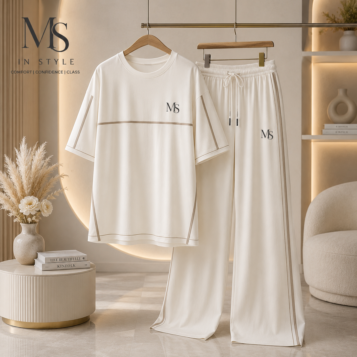 MS IN.STYLE Women’s Ivory Co-Ord Set – Relaxed T-Shirt & Wide-Leg Trousers
