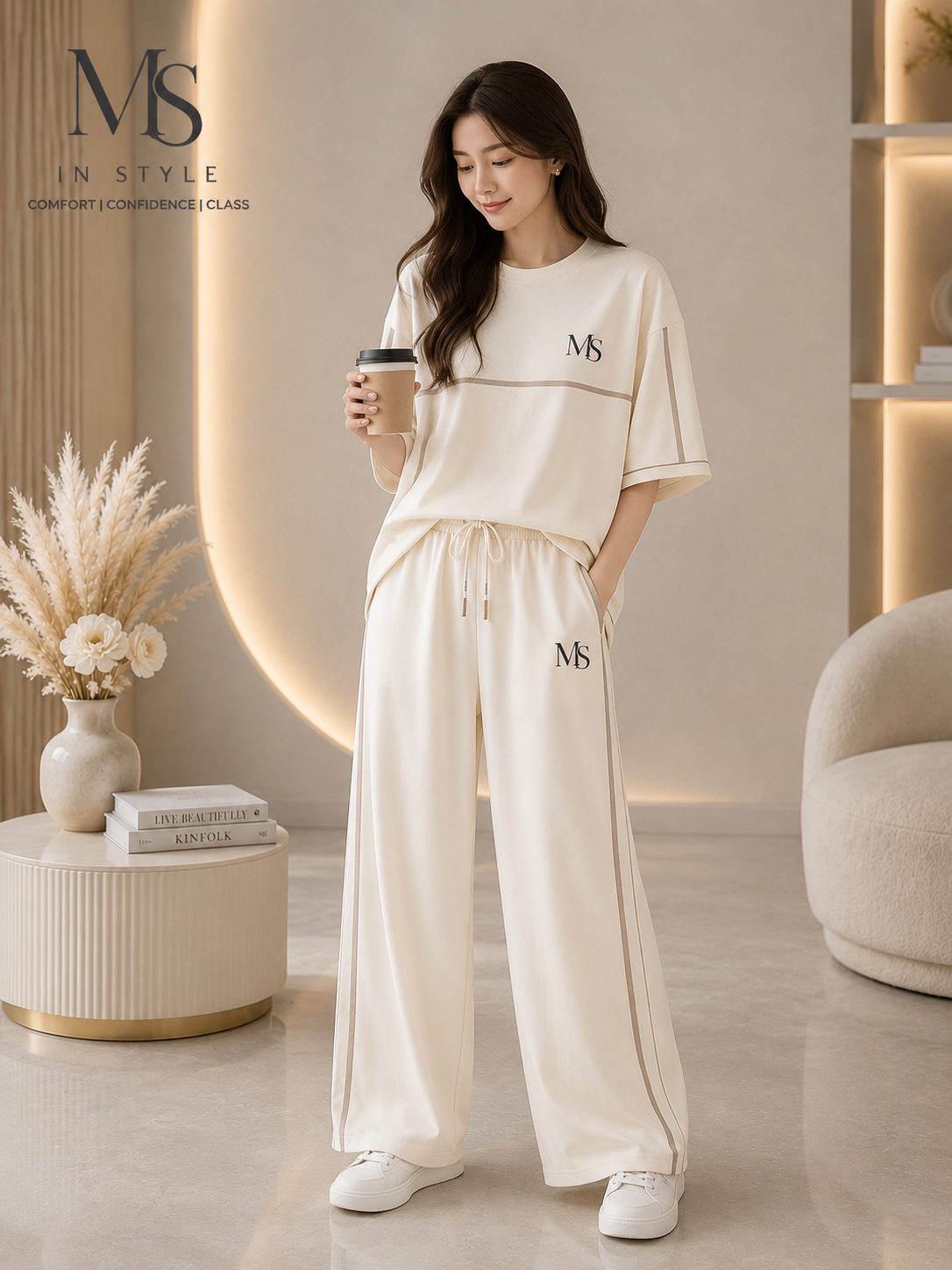 MS IN.STYLE Women’s Ivory Co-Ord Set – Relaxed T-Shirt & Wide-Leg Trousers