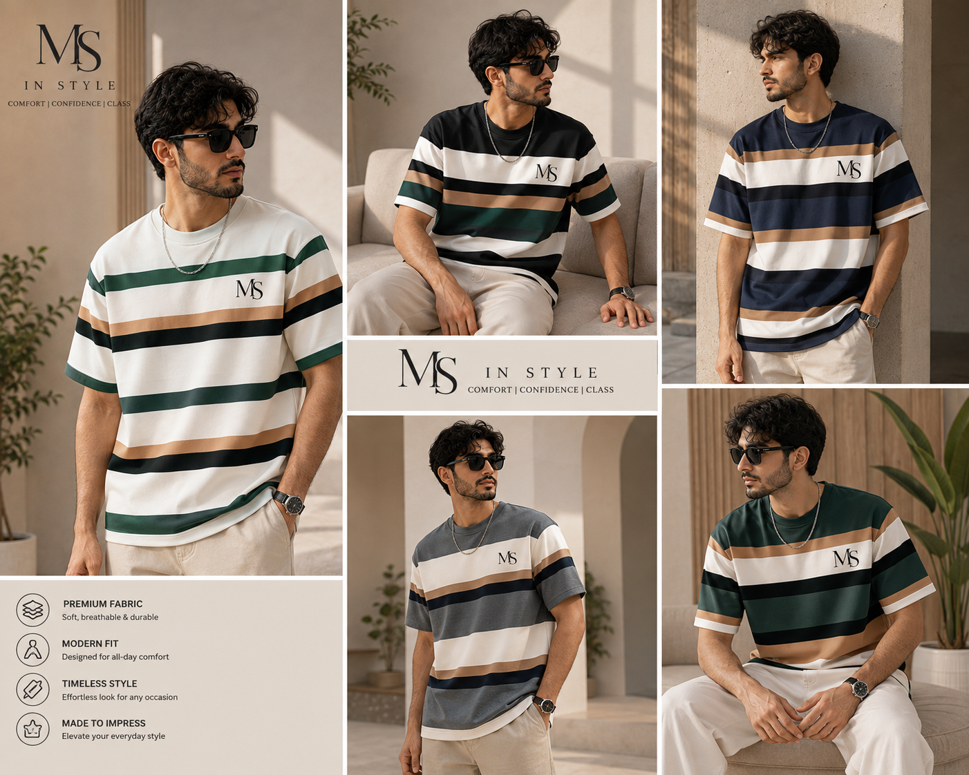 MS IN.STYLE Women’s Green Striped Oversized T-Shirt – Relaxed Fit Statement Tee