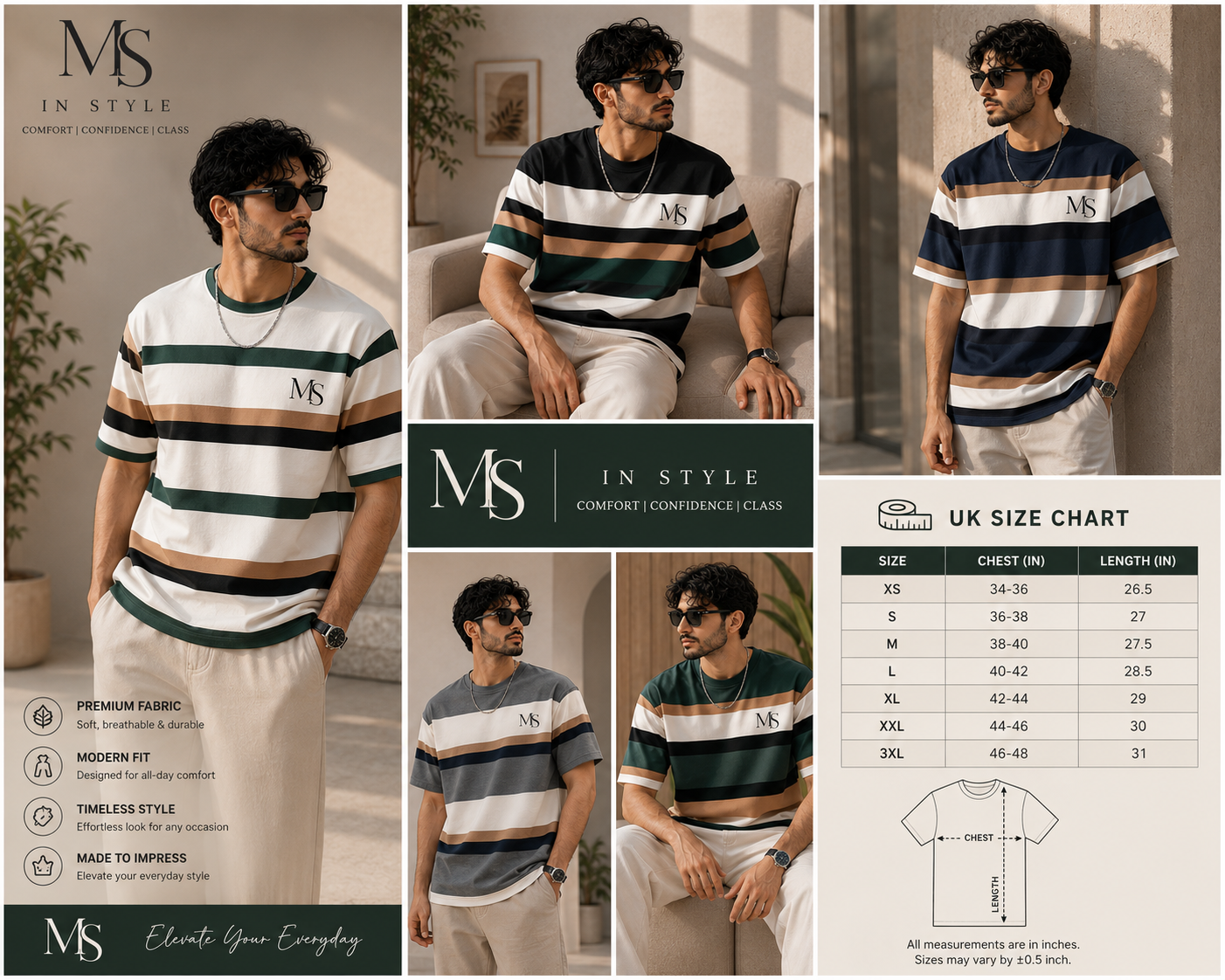 MS IN.STYLE Women’s Green Striped Oversized T-Shirt – Relaxed Fit Statement Tee