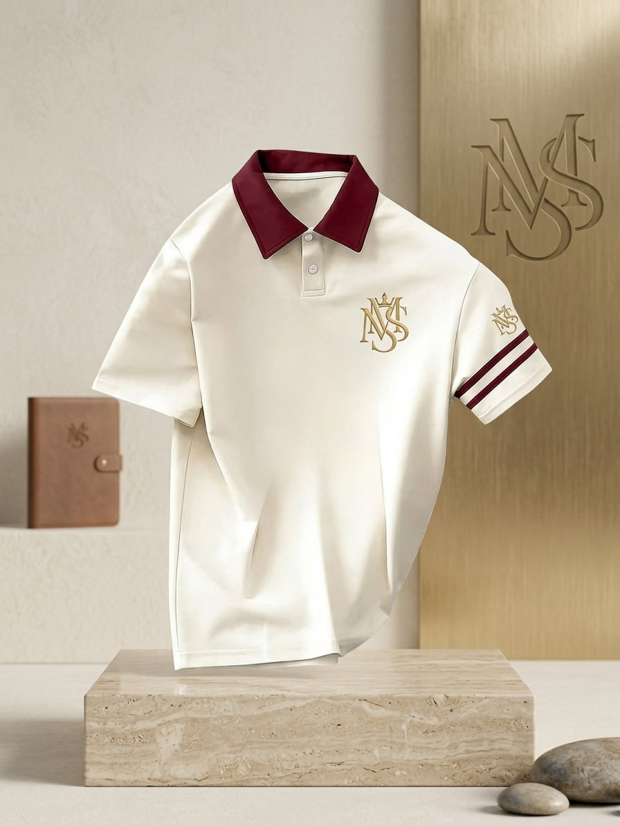 MS IN.STYLE Women’s Ivory & Burgundy Polo Shirt – Premium Contrast Collar & Sleeve Detail